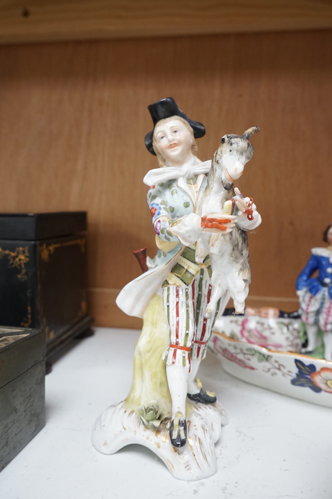 Four 19th century Continental porcelain figures and two Derby style figures, largest 19cm high